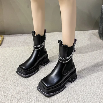 2022 г., Есен Нова Мода, дамски Ежедневни обувки на квадратен ток с квадратна ток, Метално Украшение, Еластичността на заплитания, дамски обувки