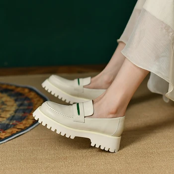 2022 г., Нови пролетни обувки от естествена кожа, дамски обувки-лодка без закопчалка, Лоферы, Дамски обувки, Удобни улични модела обувки на платформа, обувки-лодка