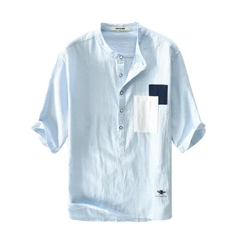 2022 нова мъжка риза с ръкав за Пет четвърти от памук и лен, бельо риза с къс ръкав, мъжки t-shirt копчета, Кръгъл отвор, полу-отворени