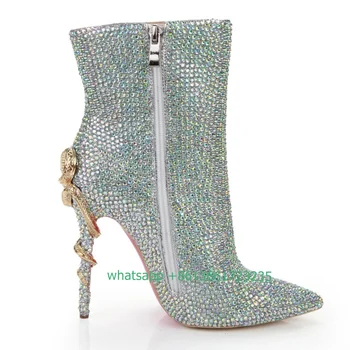 2022 Нови Къси ботуши Перлата на цвят с Кристали Ботильоны на Змеином ток Модни Остроносые обувки на висок ток-висок ток с остър пръсти и цип