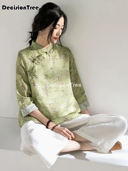 2023 дамски китайската традиционна облекло елегантни ризи древен китайски чонсам ципао блуза, блузи цветен принт блуза hanfu