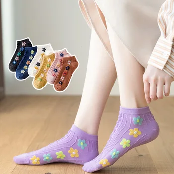 5 двойки/лот, Нови летни дамски чорапи с цветен модел и анимационни модел, прости Тенденция Памучни дамски Чорапи, къси чорапи-лодка EU 35-39