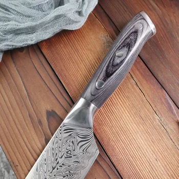 8-инчов Нож на главния готвач От Неръждаема Стомана с Кухненски Нож, Имитация на Дамаск Голям Вълнови Модел Нож За Нарязване на Цветен Дървена Дръжка