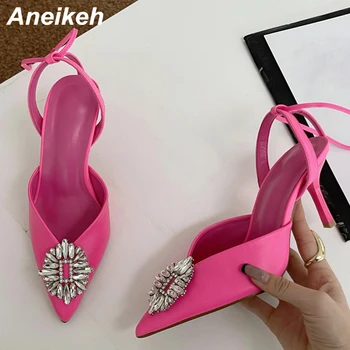 Aneikeh/ пикантен дамски официални сватбени Обувки на висок ток с остър пръсти, украсени с Цветя Модел, с каишка на щиколотке, Обувки-лодка с кръстосани шнур