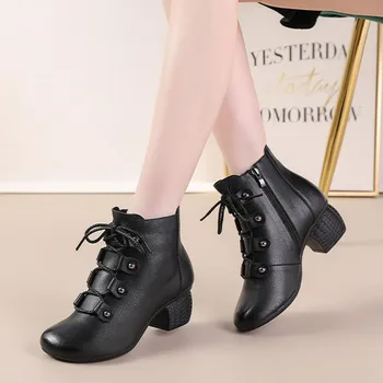DRKANOL/Модни Дамски обувки От естествена Кожа, с Кръгли пръсти, Реколта Ежедневни Ботильоны На Дебелите обувки За Жени, Нескользящие Къси Ботуши
