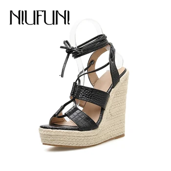 NIUFUNI/2022, Модни дамски сандали на танкетке, обувки на платформа, Дамски Сандали-гладиатори от змийска кожа, модел обувки на висок ток, по-Големи Размери 42