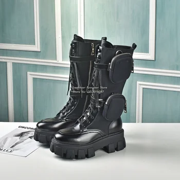 Високи армейските обувки от естествена кожа с джоб с цип, Черни Ботуши до Коляното на платформата, с кръстосани на шнур, на дебелите ток, дантела/zip vamp, Размер 35-41