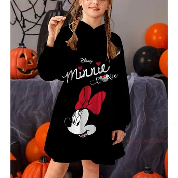 Есенно-зимни Нова Детски дрехи Disney с Мики и Мини рокля с качулка и дълъг ръкав с Принтом, Тенденция Ежедневна Пола за момичета