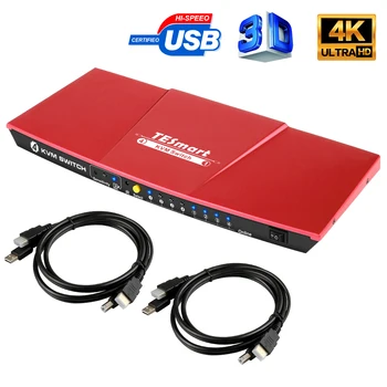 Комутатор TESmart 4K 4x1 KVM HDMI 4 порта 3840x2160 при честота 30 Hz с 2 броя 5-футовыми кабели, KVM Поддържа USB 2.0 за управление на устройства до 4 КОМПЮТЪРА