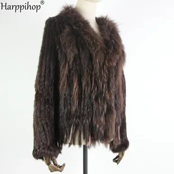 Ново от Естествена Вязаное дамско палто с яка от Заек кожа на миеща мечка, яке, Тренч, връхни Дрехи, Парк, кожени палта с пискюли, 18 цвята