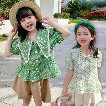 Свободно Движещи Корейски Блузи с Флорални Принтом За Малки Момичета, Летни Блузи за Деца 2022 година, Детски Ризи с волани и ревери с пищни Ръкави