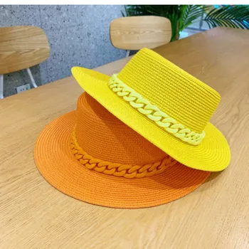 Сламена шапка паста цветна солнцезащитная шапка с плосък покрив модерен цвят верига с патрон акрилна плажна шапка карамел цвят солнцезащитная шапка