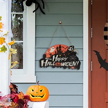 Страшно Щастлив Хелоуин Врата Закачалка Честит Хелоуин Вечерни Входна Врата Е Знак, Селски Подвесная Дъска Бу Знак Призрак Декорации За