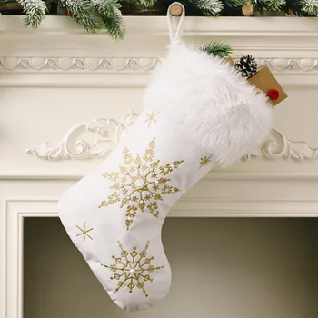 Коледни Чорапи, Бяло Злато Снежинка Коледно Украшение, Висулка Коледа Камина Коледно Дърво Декор На Коледната Елха На Нова Година Ноел Подарък Чорап